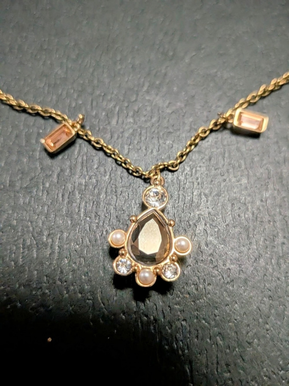 Swarovski Lucky Goddess Choker Necklace Gold Tone Crystal Pearl Tear Drop Charm